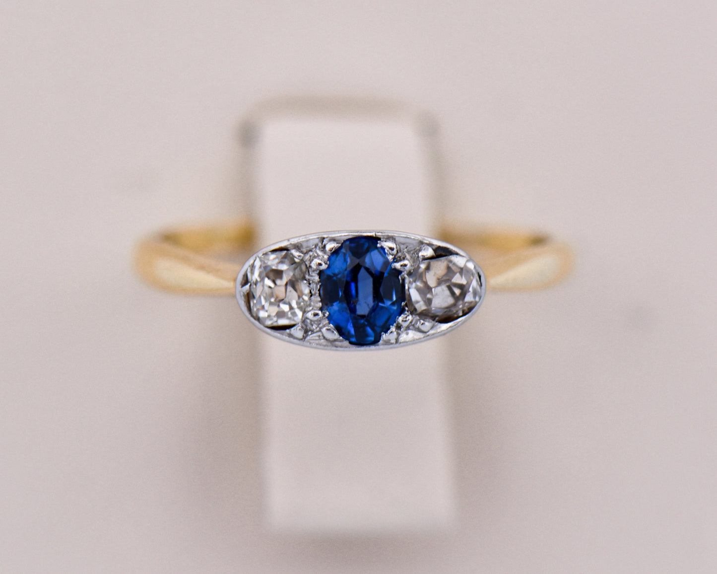 Dainty Antique Sapphire & Diamond Collet-Set 3-Stone Ring