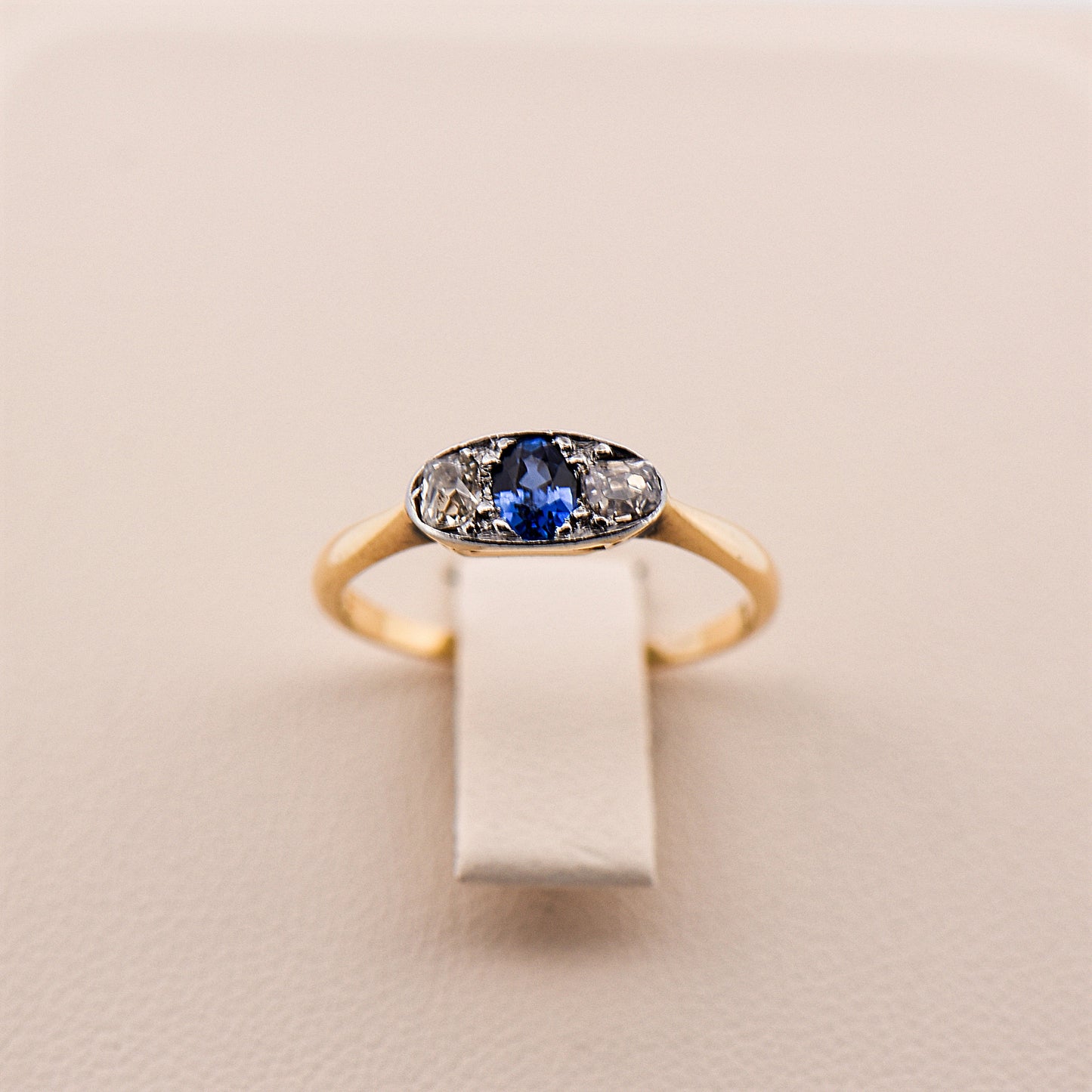 Dainty Antique Sapphire & Diamond Collet-Set 3-Stone Ring
