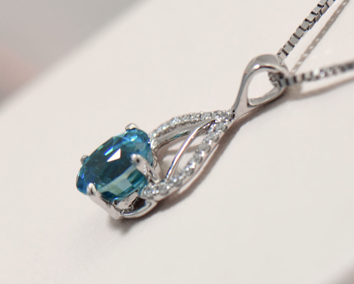 Dainty Deep Blue Zircon & Diamond Pendant in White Gold