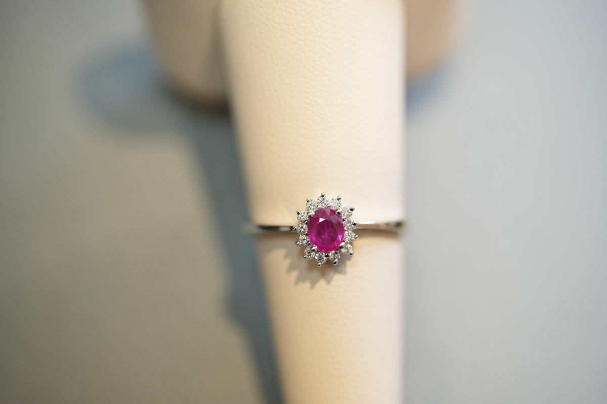 Dainty Oval Ruby & Diamond Halo Engagement Ring in White Gold