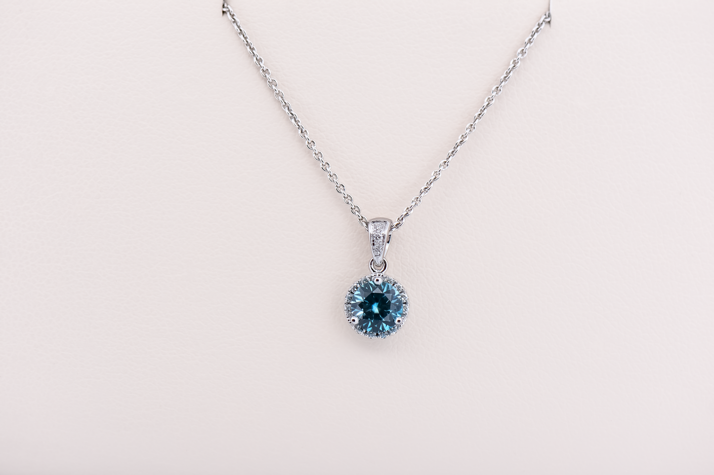 Dainty Round Blue Zircon Pendant with Diamond Halo