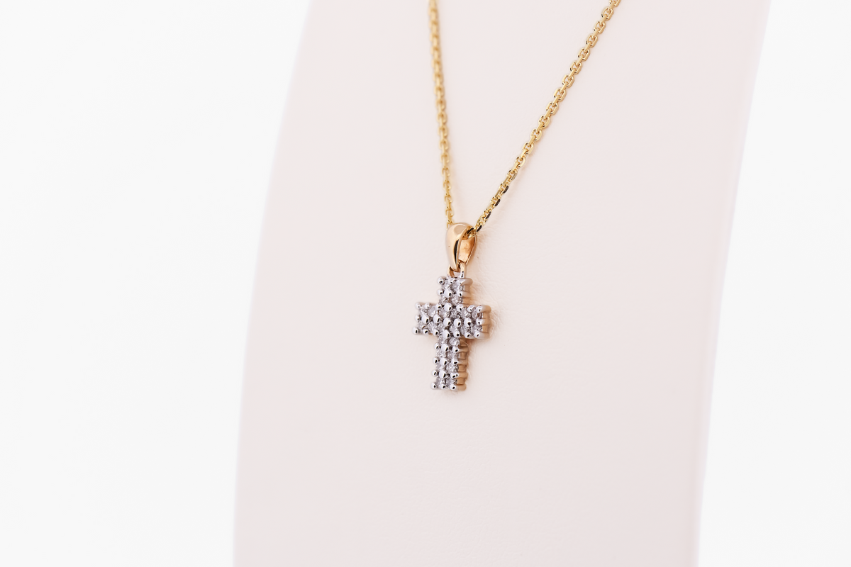Dainty Two-Row Diamond Cross Pendant in Two-Tone Gold