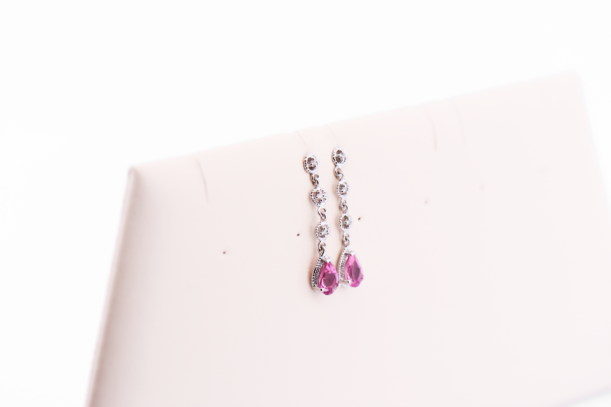 Dainty White Gold Dangle Earrings with Pink Tourmaline & Diamonds