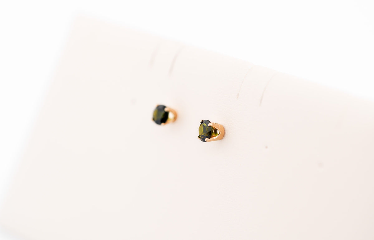 Dark Forest Green Tourmaline Stud Earrings in Yellow Gold