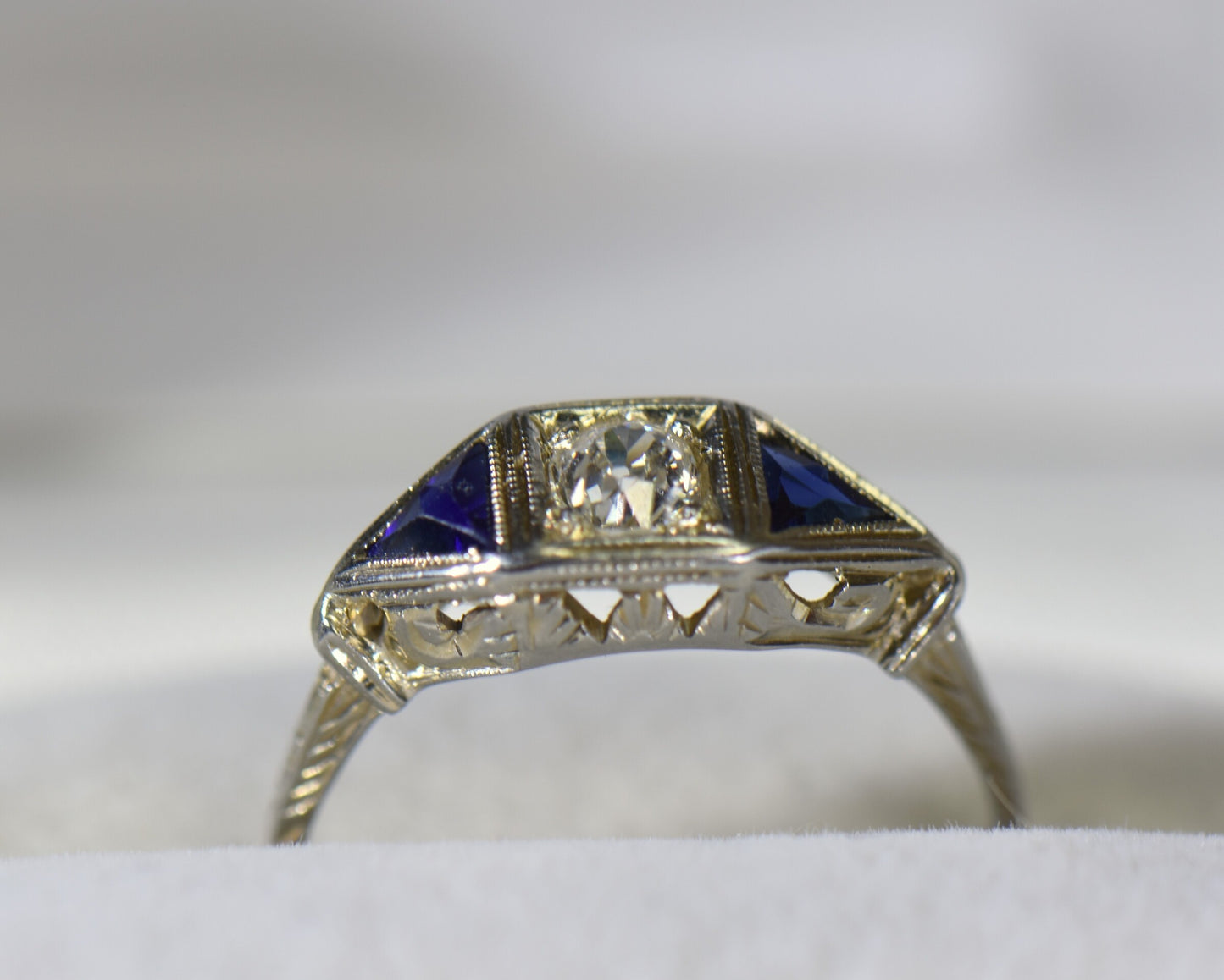 Art Deco Old Mine Cut Diamond Ring with Trilliant Sapphire Accents