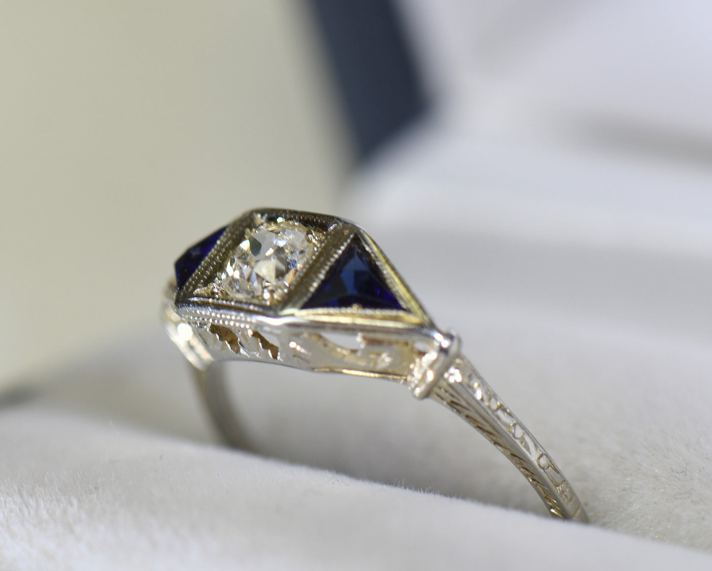 Art Deco Old Mine Cut Diamond Ring with Trilliant Sapphire Accents