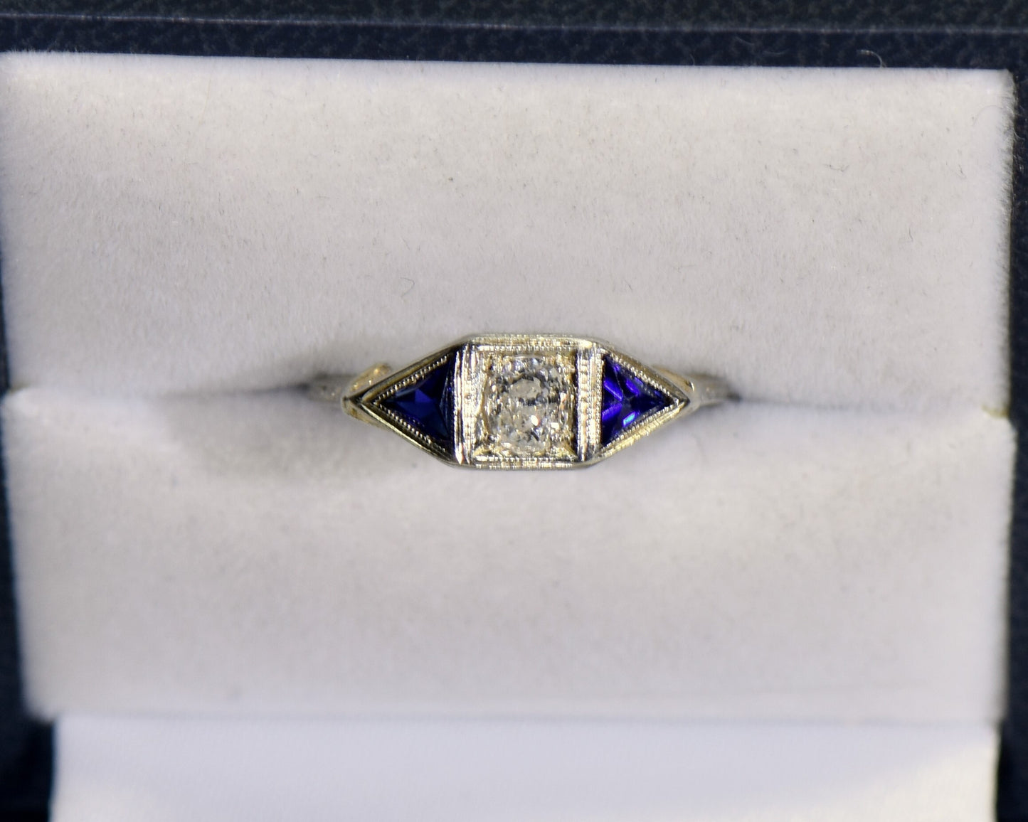Art Deco Old Mine Cut Diamond Ring with Trilliant Sapphire Accents