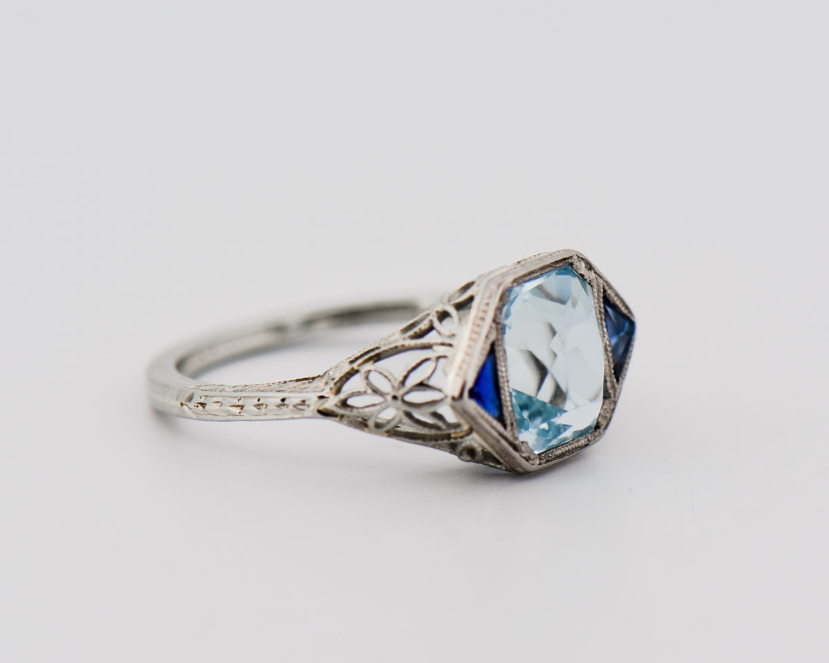 Art Deco Ring with Aquamarine & Sapphires