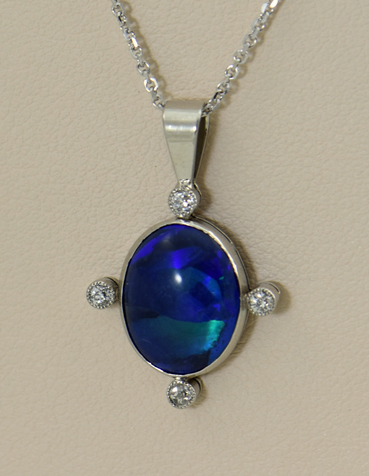 Art Deco Peacock Hued Black Opal & Diamond Pendant