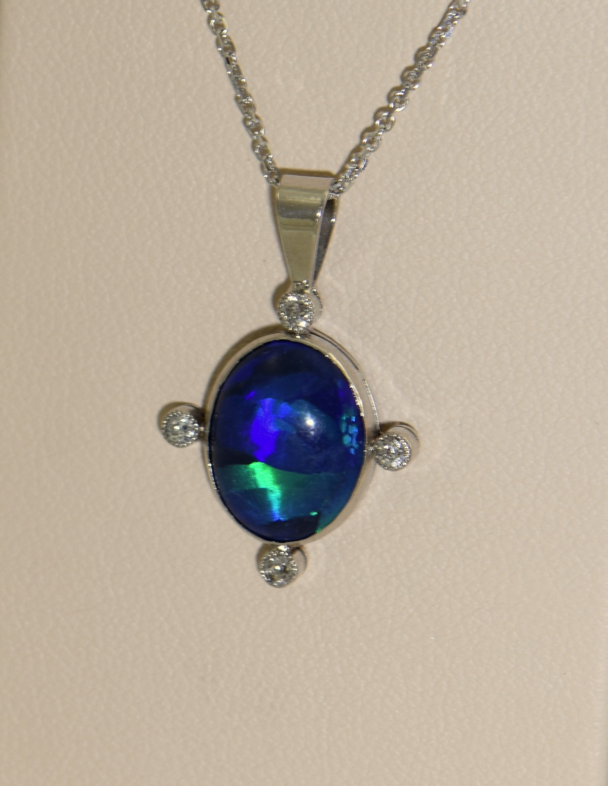 Art Deco Peacock Hued Black Opal & Diamond Pendant