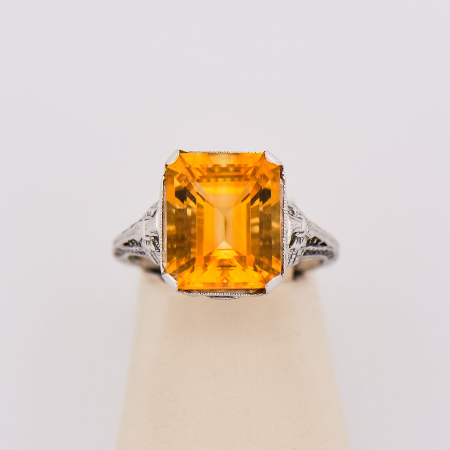 Art Deco Citrine Ring - Emerald Cut with Filigree
