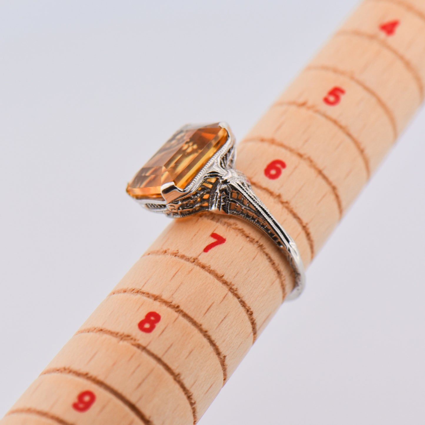 Art Deco Citrine Ring - Emerald Cut with Filigree