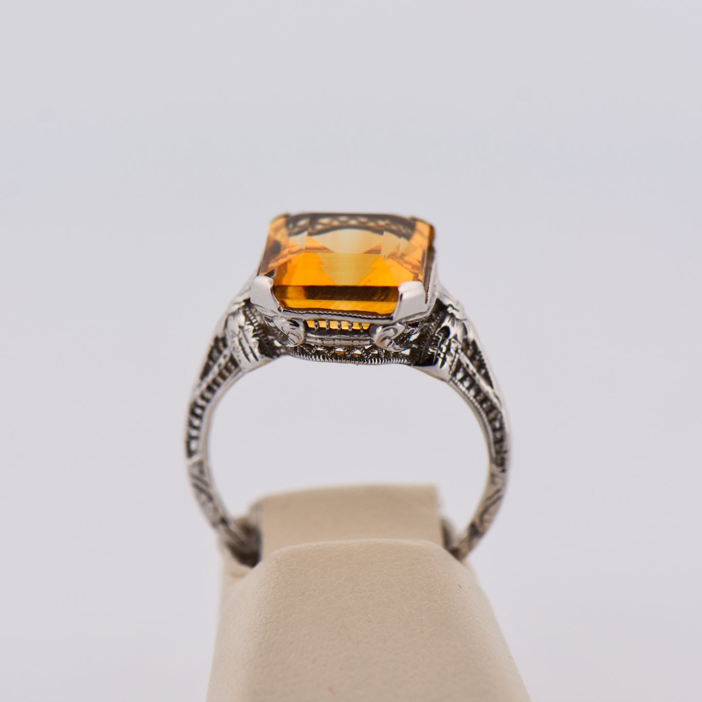 Art Deco Citrine Ring - Emerald Cut with Filigree