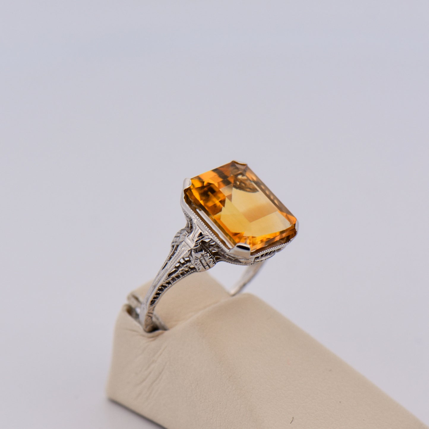 Art Deco Citrine Ring - Emerald Cut with Filigree