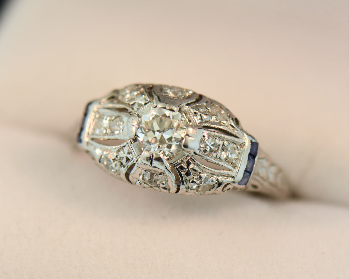 Art Deco Low Profile Diamond & Sapphire Engagement Ring