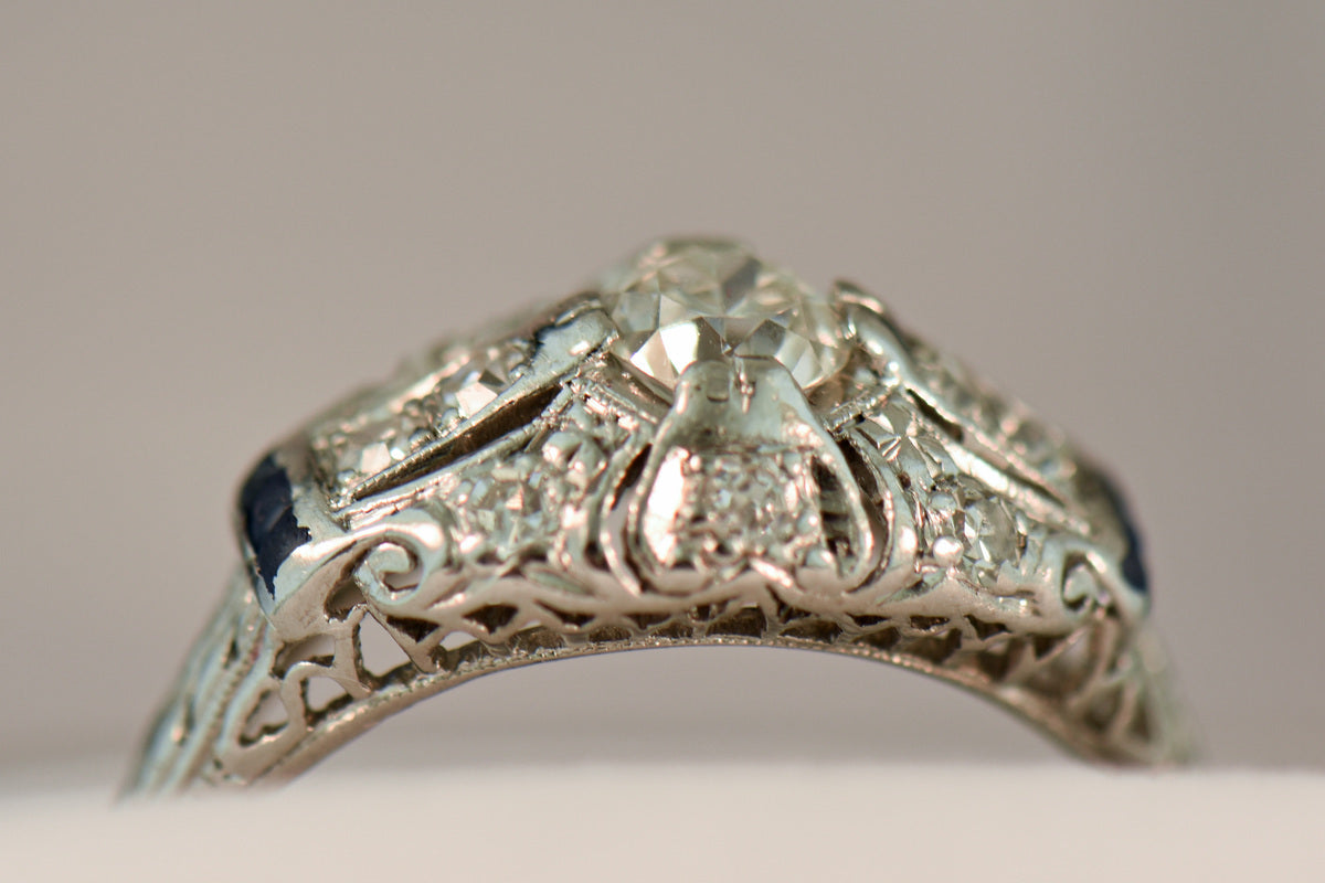Art Deco Low Profile Diamond & Sapphire Engagement Ring