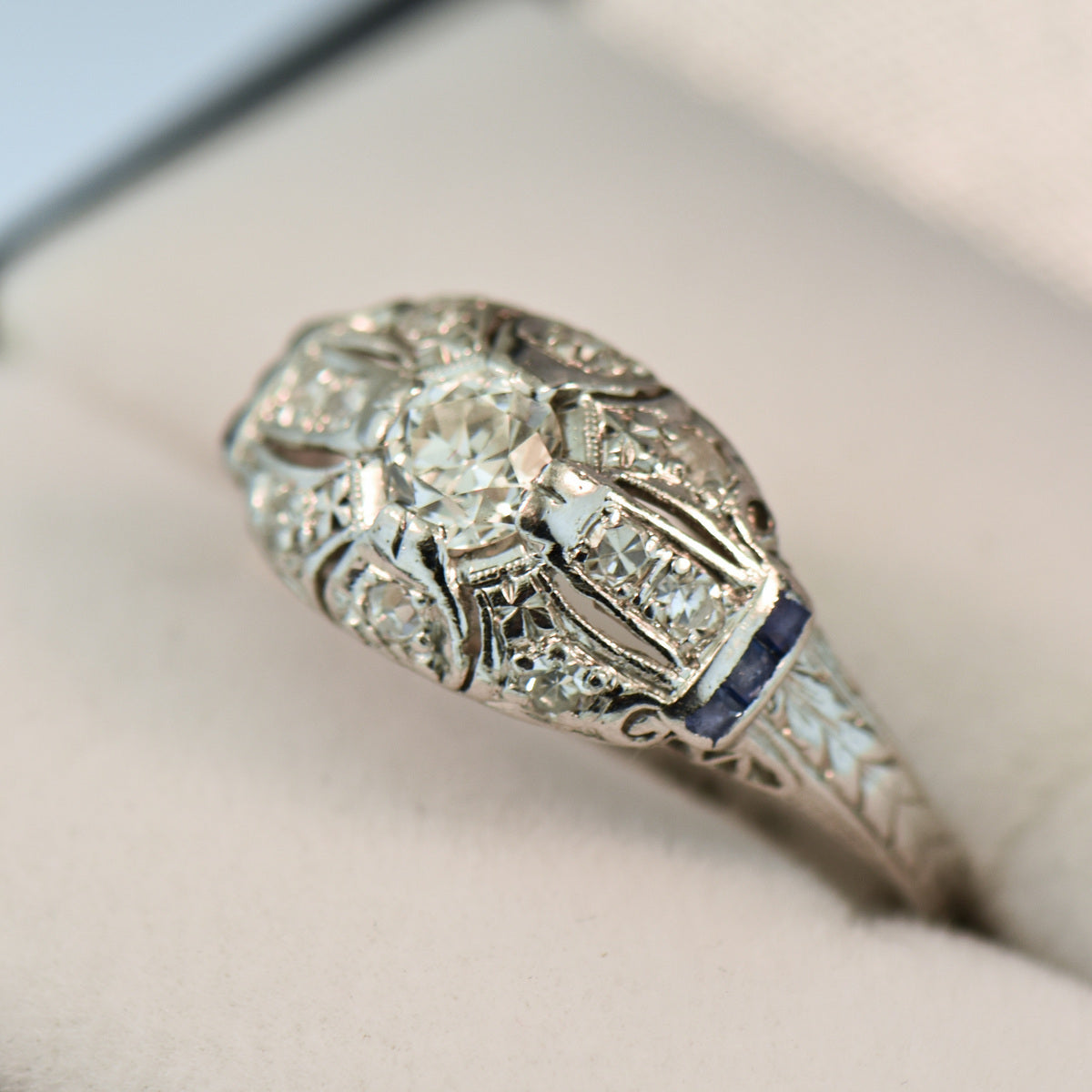 Art Deco Low Profile Diamond & Sapphire Engagement Ring