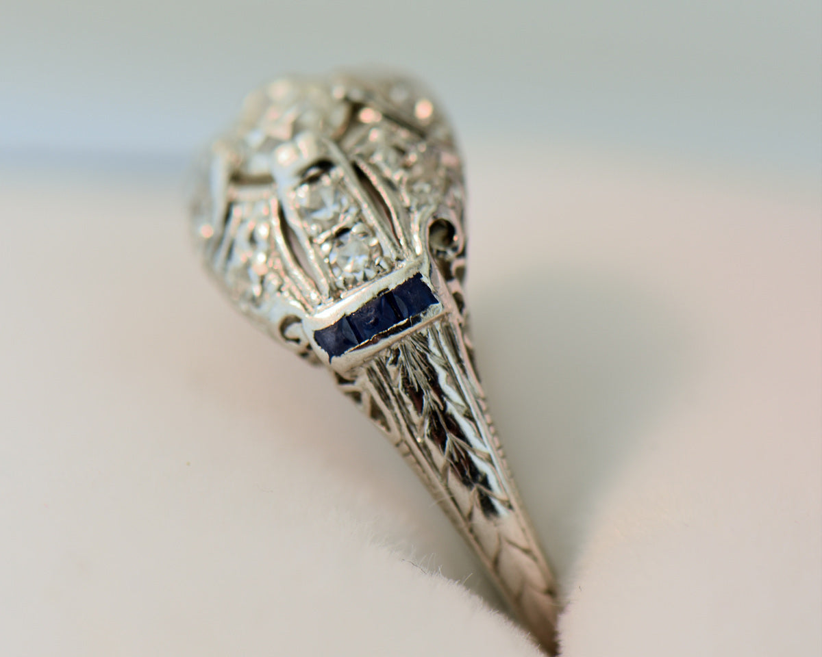 Art Deco Low Profile Diamond & Sapphire Engagement Ring
