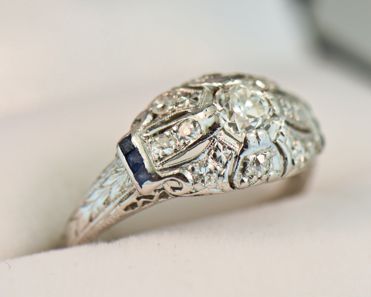 Art Deco Low Profile Diamond & Sapphire Engagement Ring
