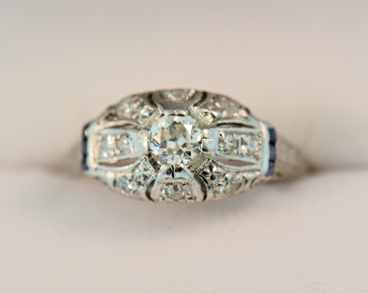 Art Deco Low Profile Diamond & Sapphire Engagement Ring
