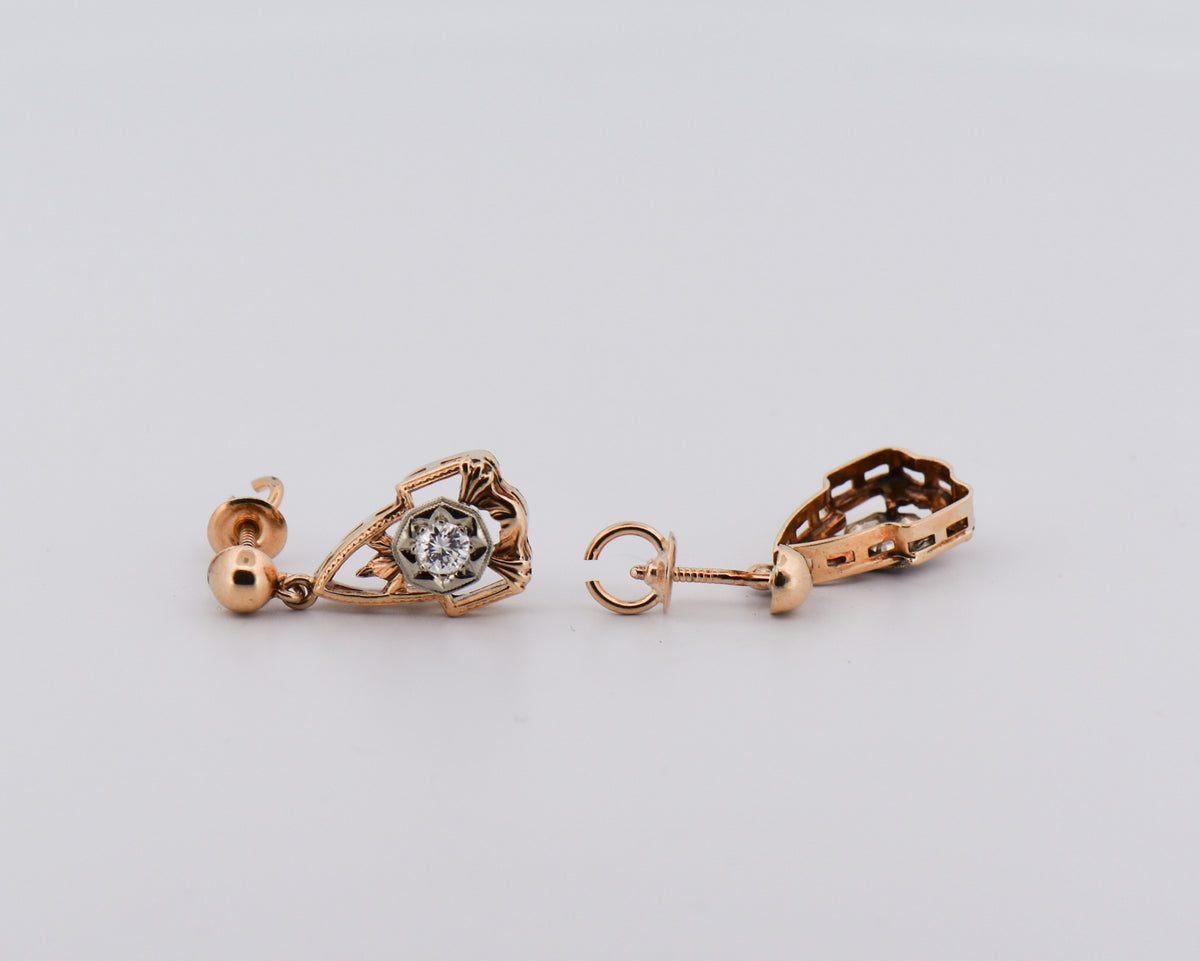 Scarce Yellow Gold Art Deco Diamond Earrings