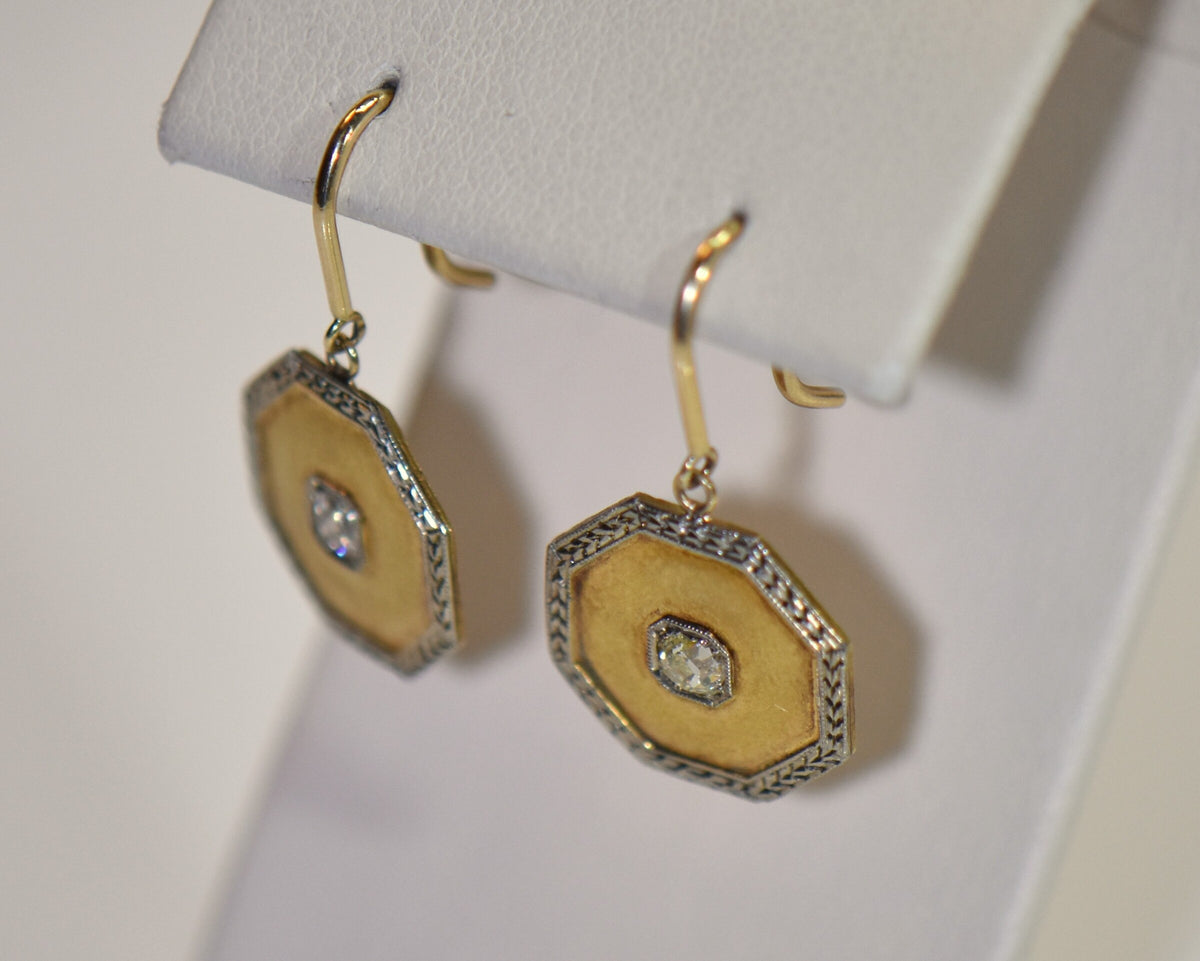 Vintage Octagonal Gold Dangle Earrings with Diamond Centers
