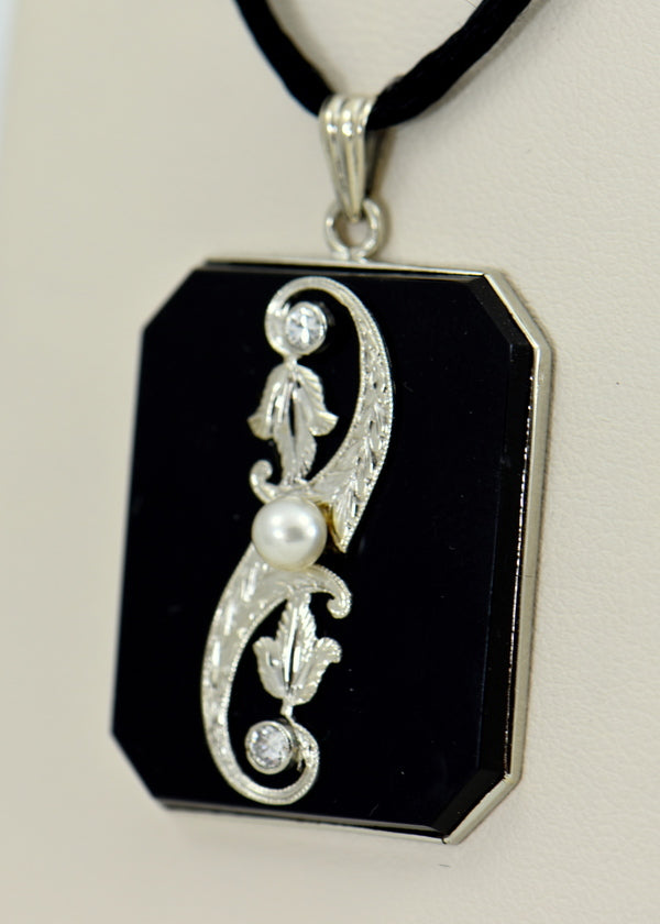 Sizable Art Deco Onyx, Pearl & Diamond Pendant