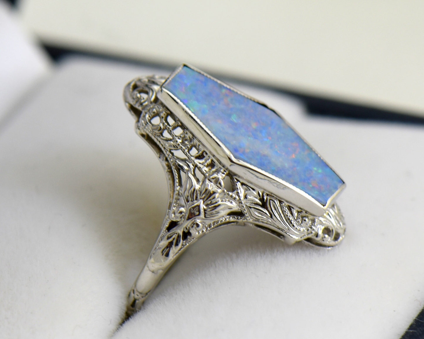 White Gold Art Deco Filigree Ring with Hexagonal Opal