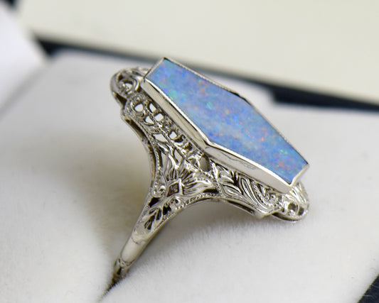 White Gold Art Deco Filigree Ring with Hexagonal Opal