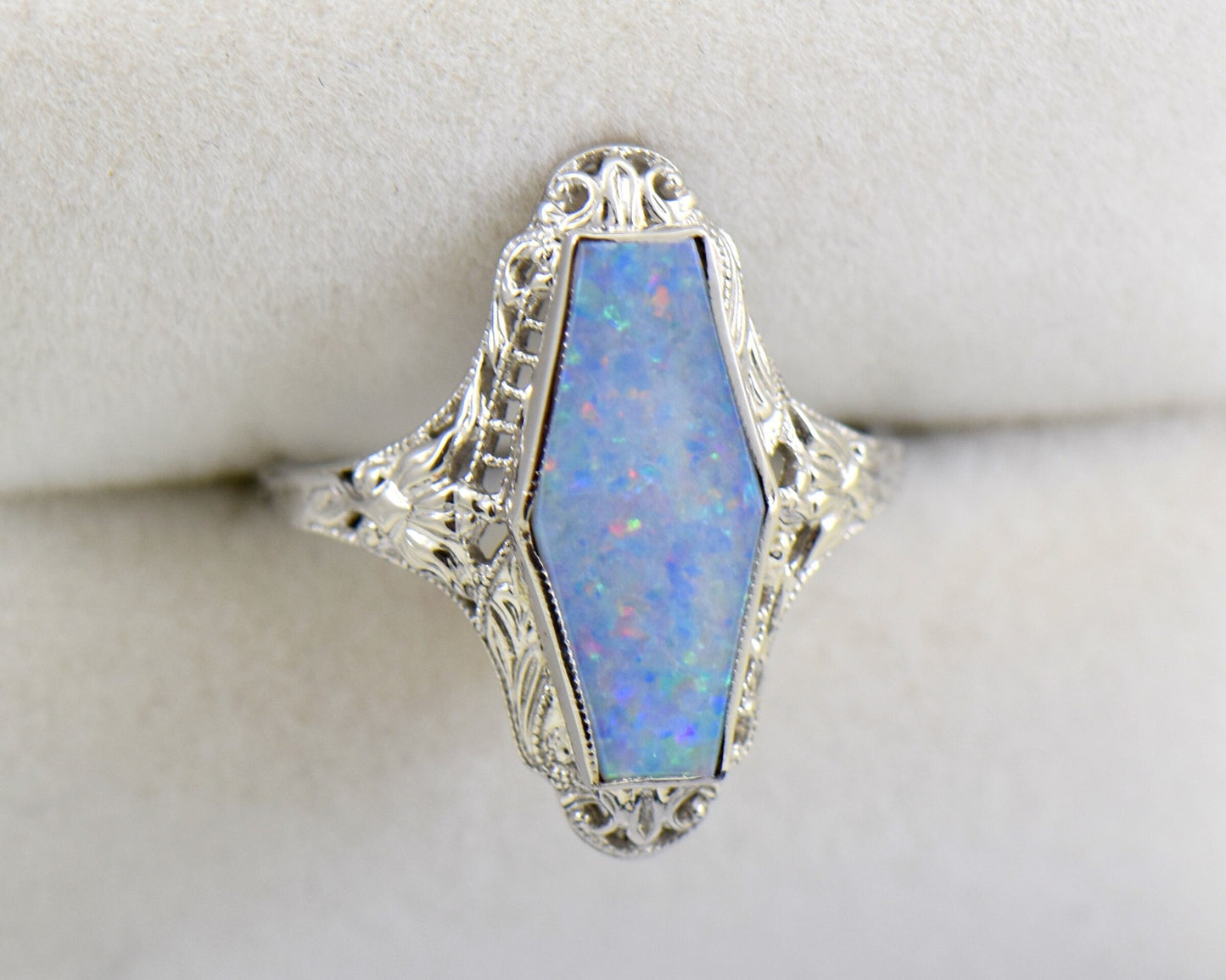 White Gold Art Deco Filigree Ring with Hexagonal Opal