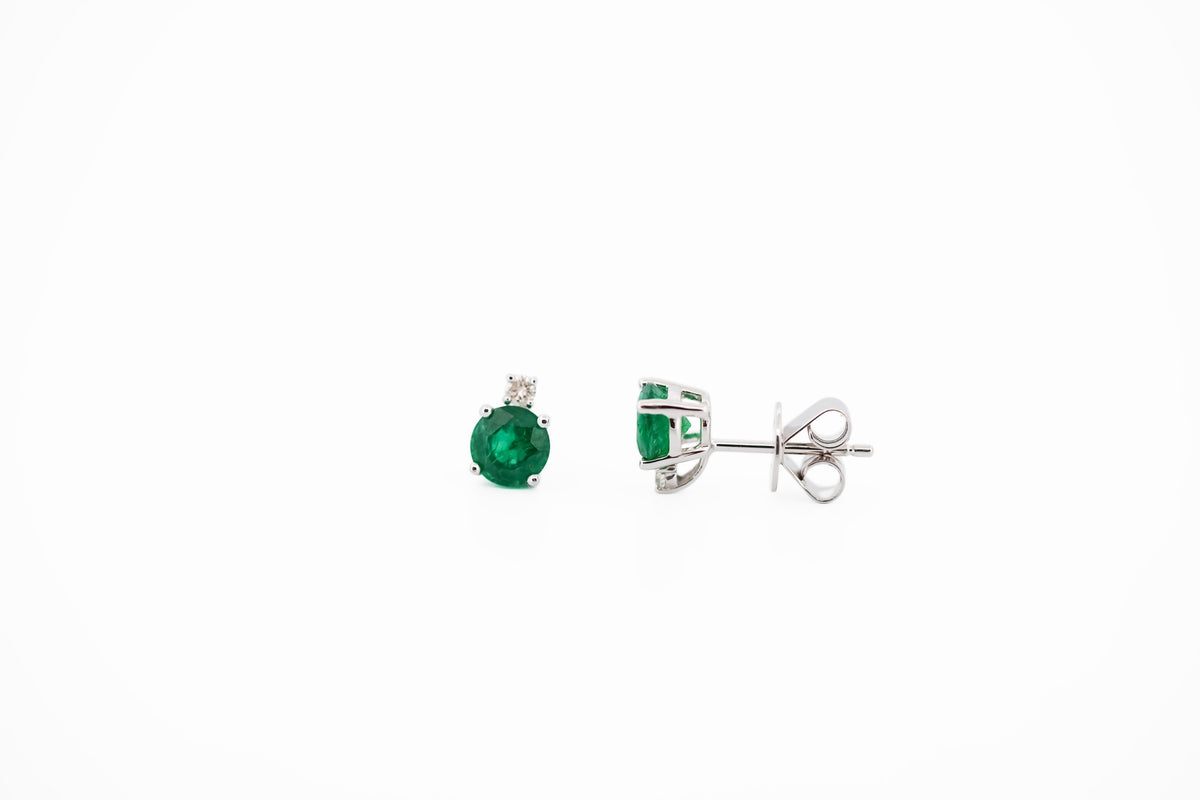 Deep Green Emerald Stud Earrings with Diamond Accents