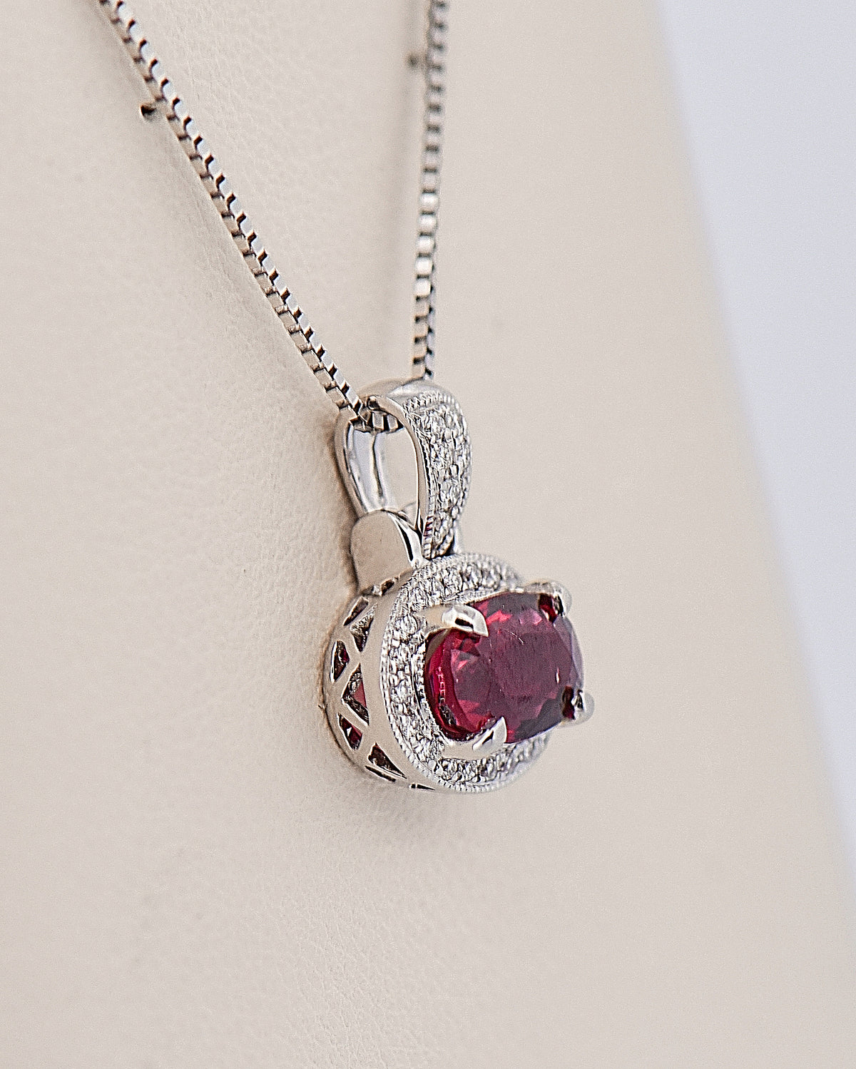 Deep Red Spinel Halo Pendant in White Gold