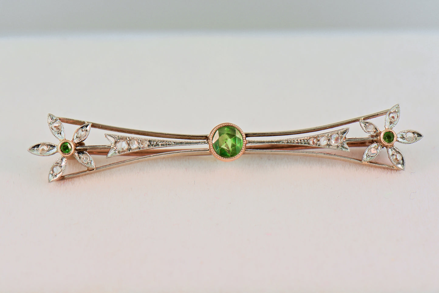 Antique Russian Demantoid & Rose Cut Diamond Bar Pin Brooch