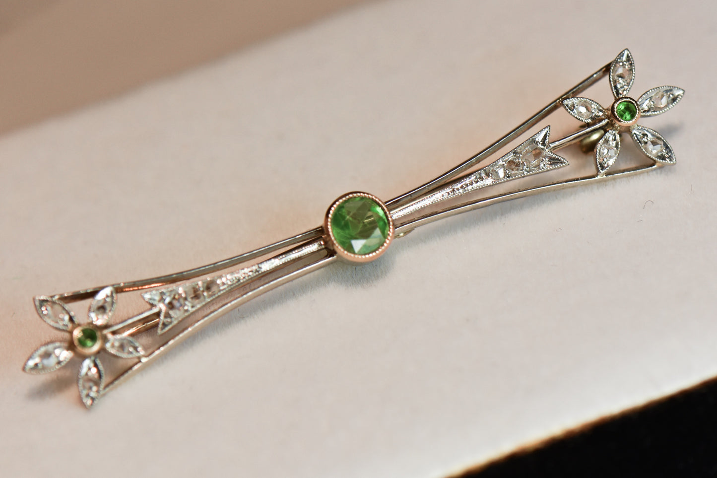 Antique Russian Demantoid & Rose Cut Diamond Bar Pin Brooch