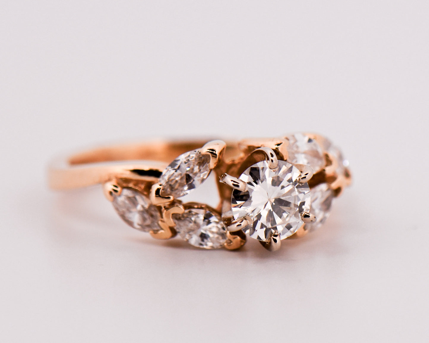 Vintage Round Diamond Ring with Marquise Diamond Accents
