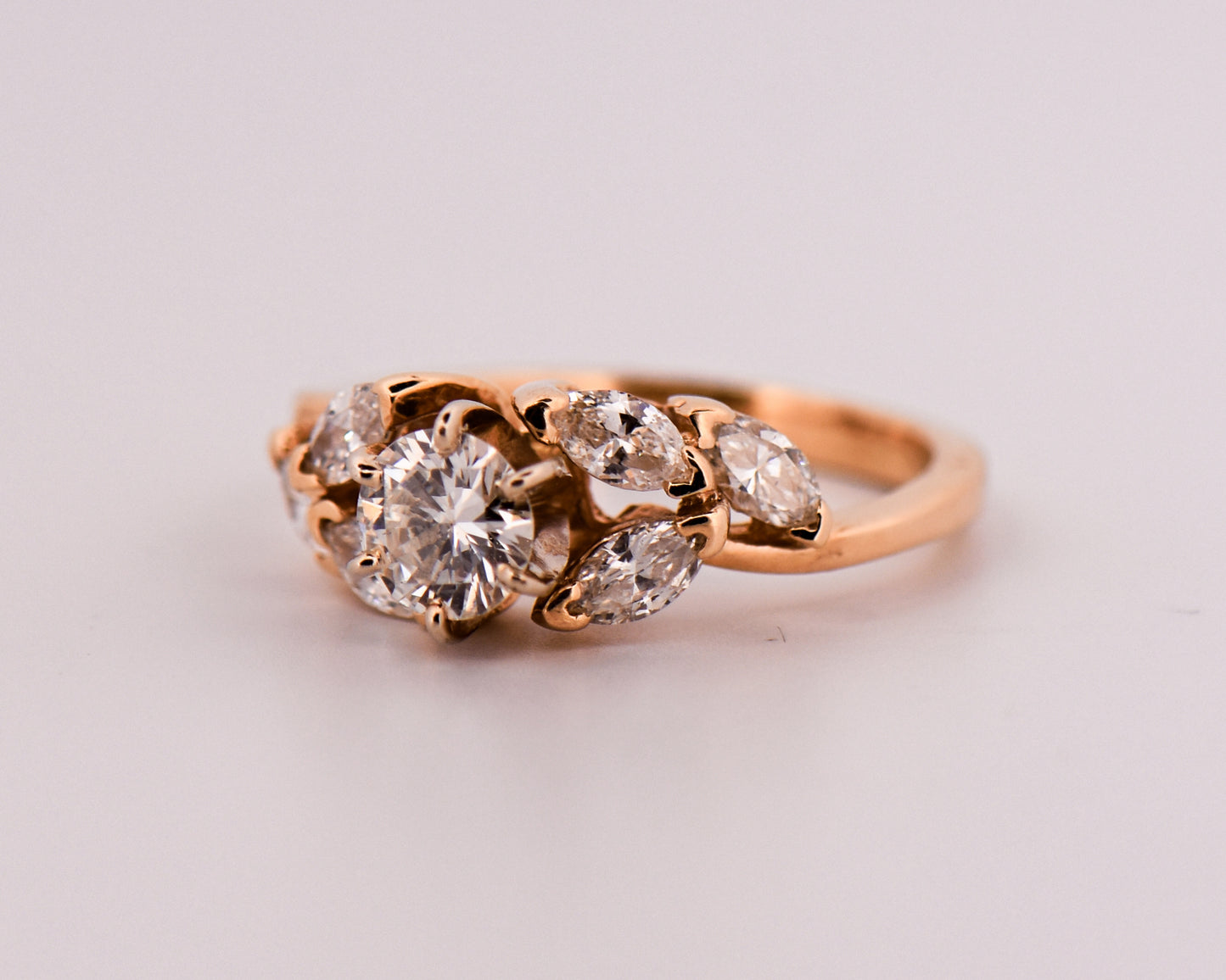 Vintage Round Diamond Ring with Marquise Diamond Accents