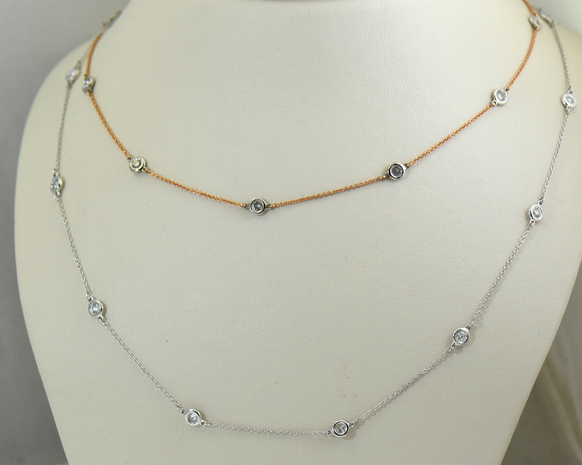 Bezel Set Diamond Station Necklaces in White, Yellow or Rose Gold
