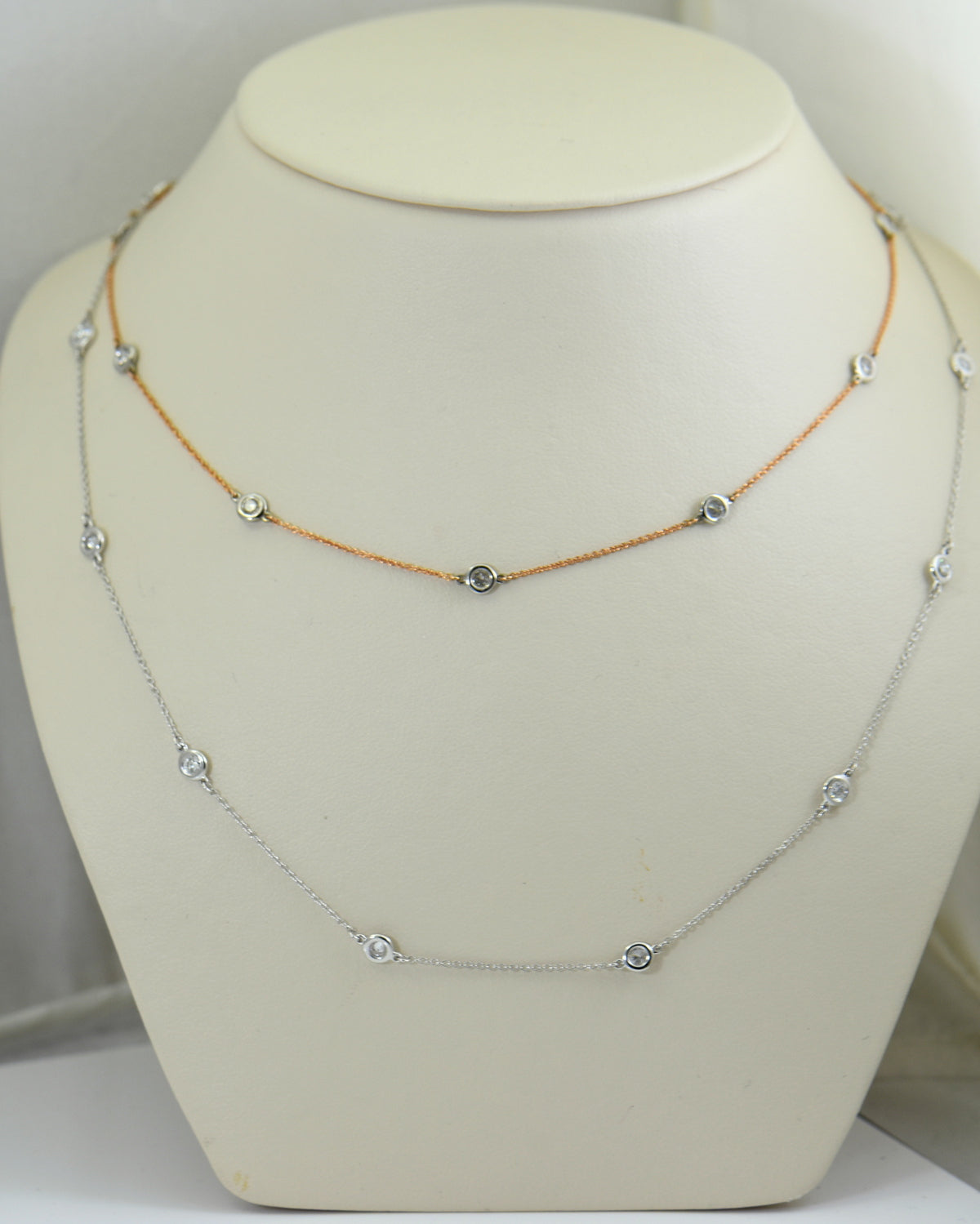 Bezel Set Diamond Station Necklaces in White, Yellow or Rose Gold