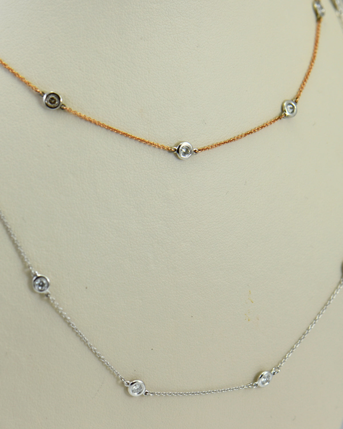 Bezel Set Diamond Station Necklaces in White, Yellow or Rose Gold