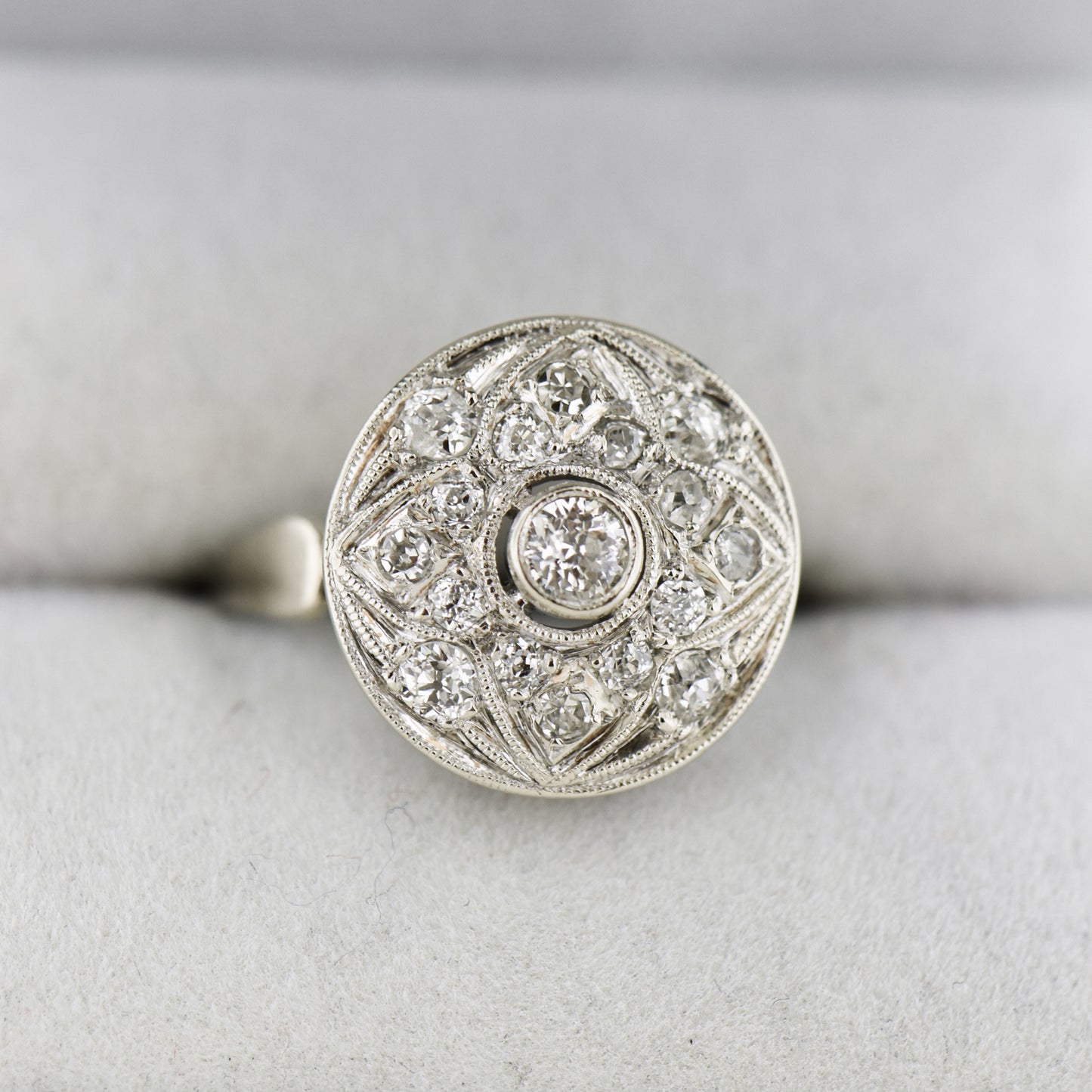 Art Deco White Gold & Diamond Filigree Shield Ring