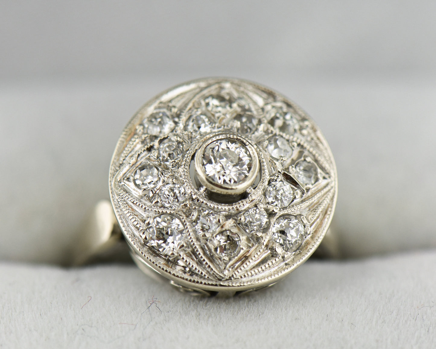Art Deco White Gold & Diamond Filigree Shield Ring