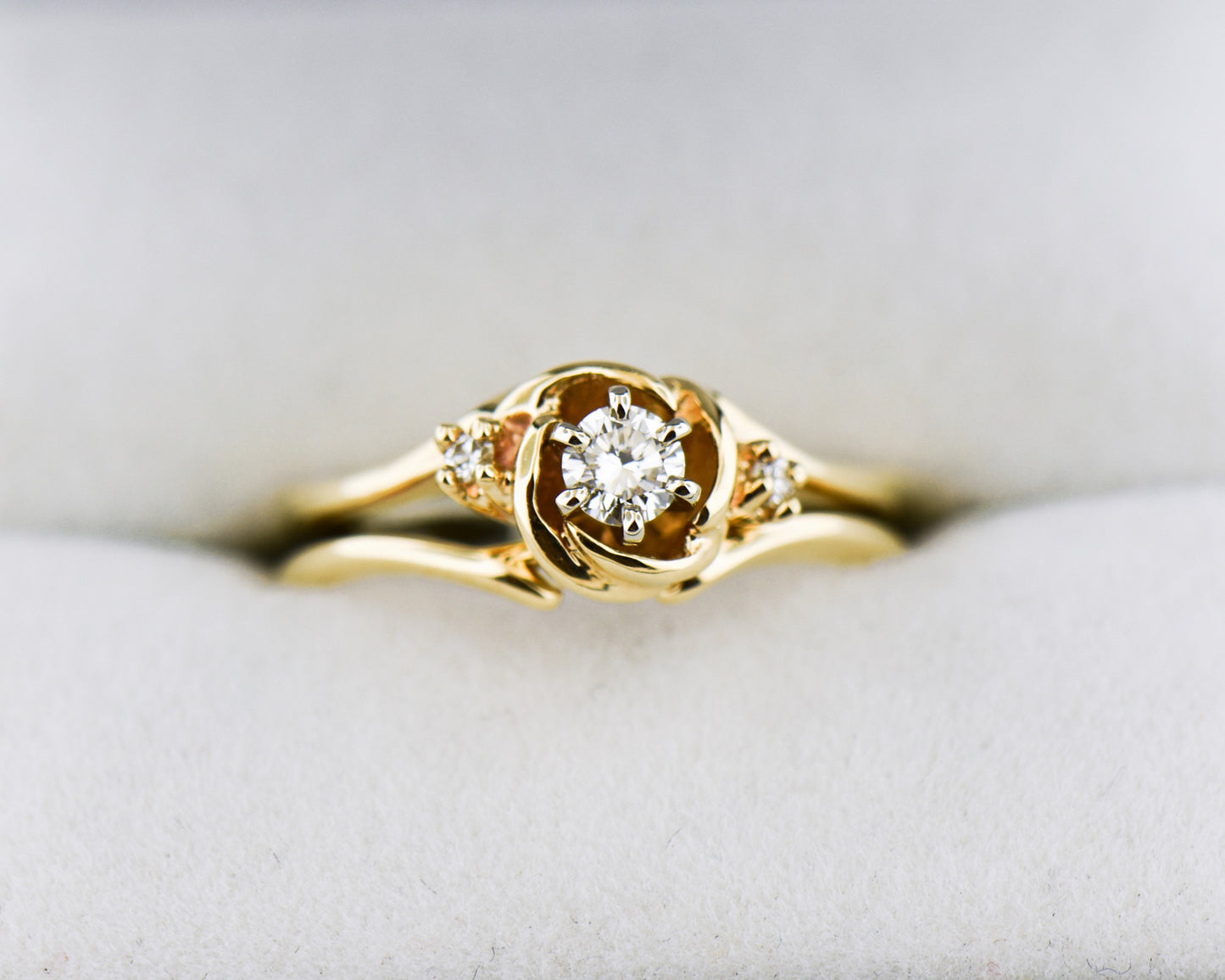 Vintage Carved Gold & Diamond Ring- Floral Rose Wedding Set