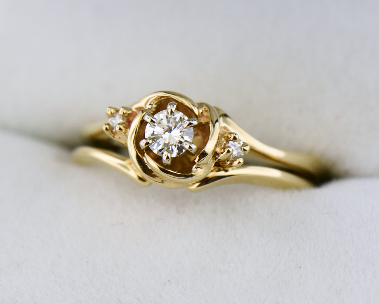Vintage Carved Gold & Diamond Ring- Floral Rose Wedding Set