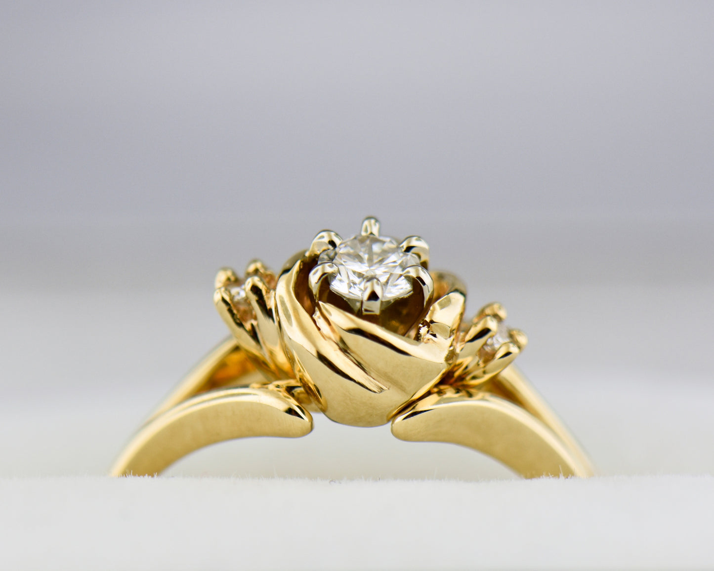 Vintage Carved Gold & Diamond Ring- Floral Rose Wedding Set