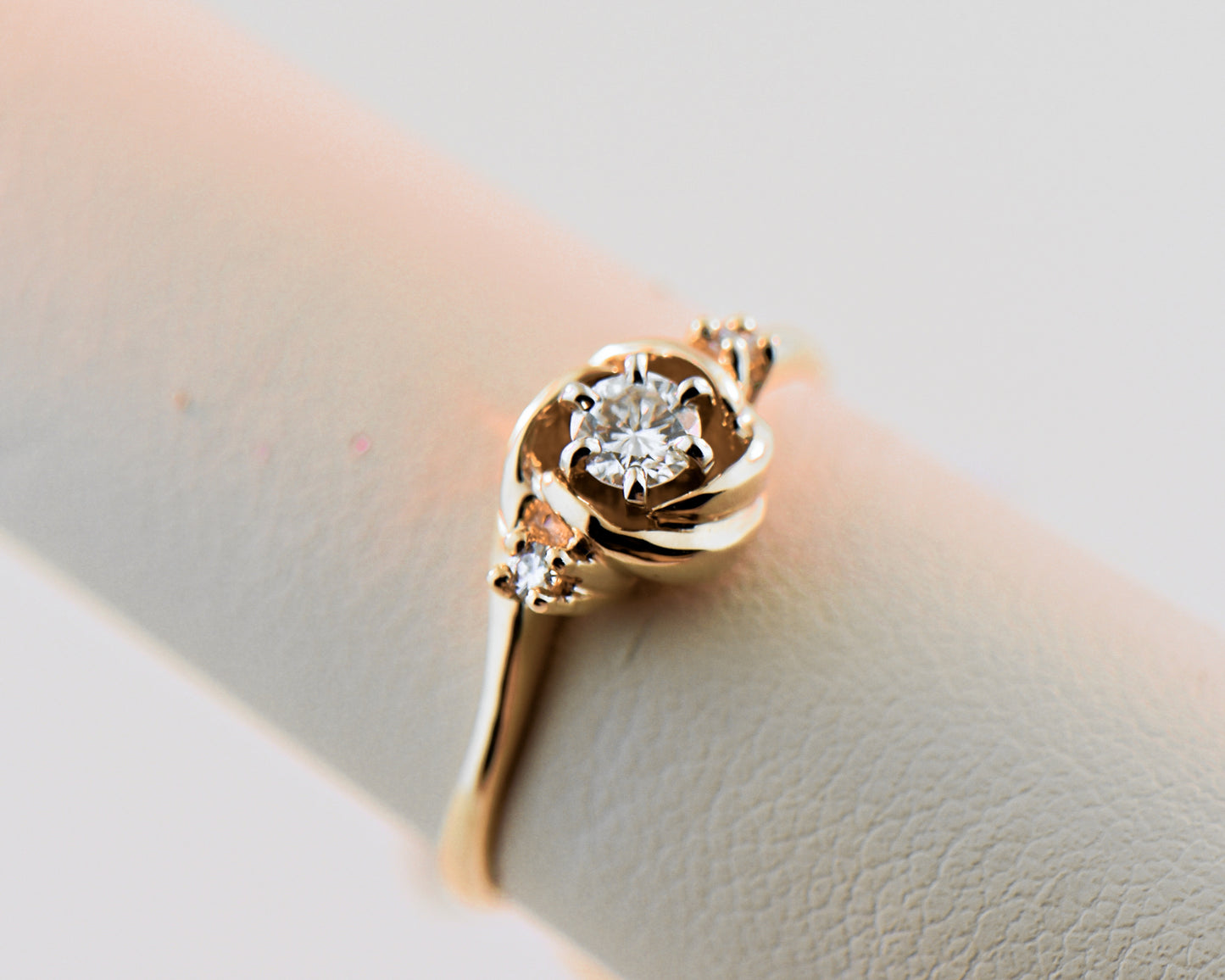 Vintage Carved Gold & Diamond Ring- Floral Rose Wedding Set
