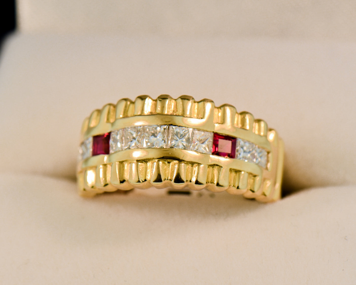 Custom Gold Ribbed Band with Channel Set Diamonds & Rubies