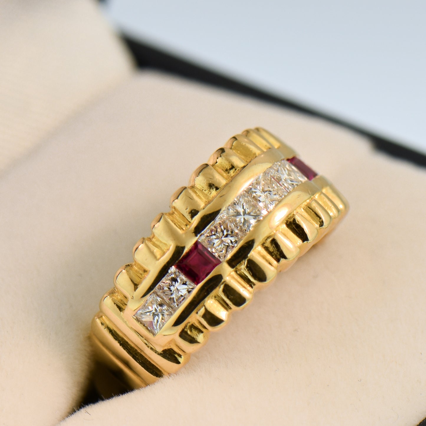 Custom Gold Ribbed Band with Channel Set Diamonds & Rubies