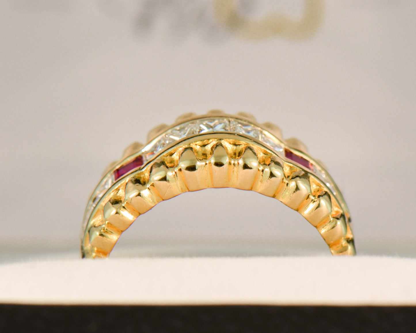 Custom Gold Ribbed Band with Channel Set Diamonds & Rubies