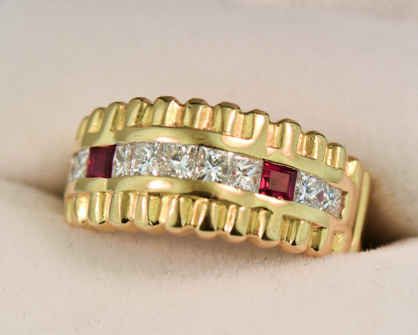 Custom Gold Ribbed Band with Channel Set Diamonds & Rubies