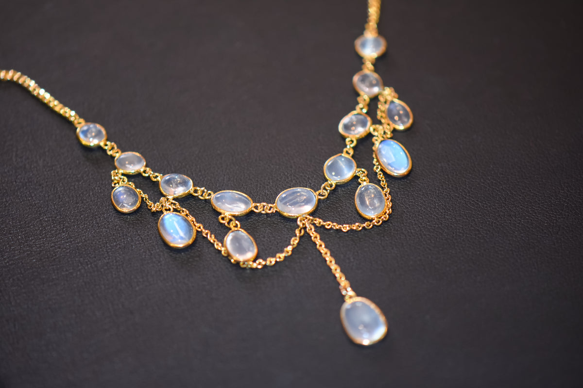 Edwardian 14k Yellow Gold & Blue Moonstone Festoon Necklace